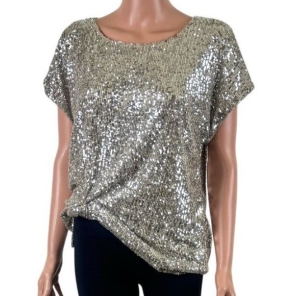 Cable & Guage Tops - Cable & Guage Sequins Scoop Neck Short Sleeve Top Blouse Size Large